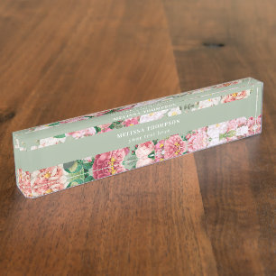 Porte-nom Pour Bureau Roses botaniques vintages Pastel Vert & Rose