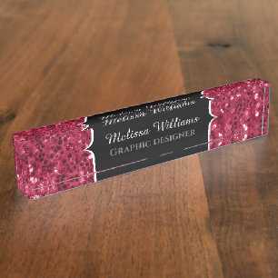 Porte-nom Pour Bureau Rouge magenta foncé faux scintillements Monogramme