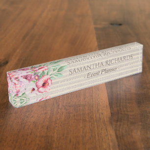 Porte-nom Pour Bureau Rustique élégant floral d'aquarelle rose