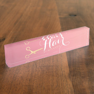 Porte-nom Pour Bureau Salon de maquillage moderne ciseaux d'or rose
