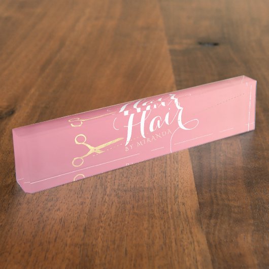 Porte-nom Pour Bureau Salon de maquillage moderne ciseaux d'or rose (Taille)