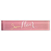 Porte-nom Pour Bureau Salon de maquillage moderne ciseaux d'or rose (Devant)