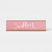 Porte-nom Pour Bureau Salon de maquillage moderne ciseaux d'or rose (Devant)