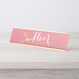 Porte-nom Pour Bureau Salon de maquillage moderne ciseaux d'or rose