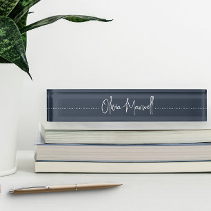 Porte-nom Pour Bureau Script cursif à croquis marine et blanc