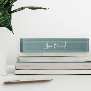 Porte-nom Pour Bureau Script cursif à croquis Turquoise Dusty