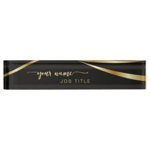 Porte-nom Pour Bureau Script Minimaliste Noir et Or