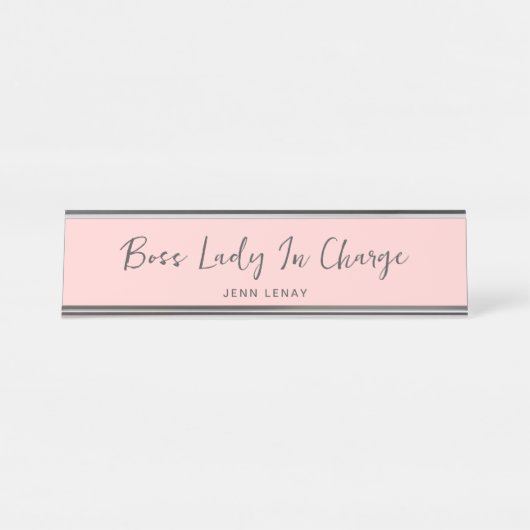 Porte-nom Pour Bureau Script moderne Boss Blush rose Gris Personnalisé (Devant)