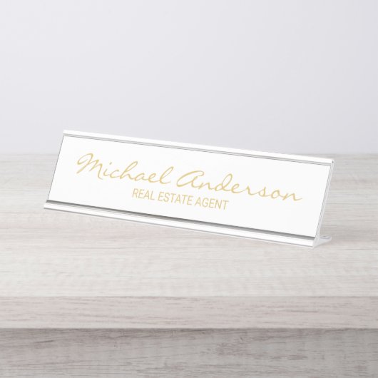 Porte-nom Pour Bureau Script moderne professionnel blanc et or (Devant)