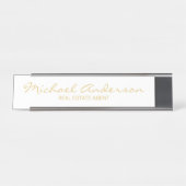 Porte-nom Pour Bureau Script moderne professionnel blanc et or (Devant)