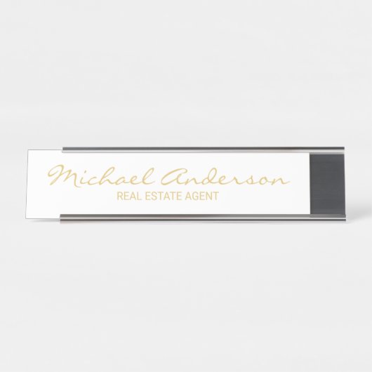 Porte-nom Pour Bureau Script moderne professionnel blanc et or (Devant)