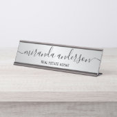Porte-nom Pour Bureau Script moderne professionnel noir et argent (Devant)