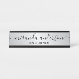 Porte-nom Pour Bureau Script moderne professionnel noir et argent