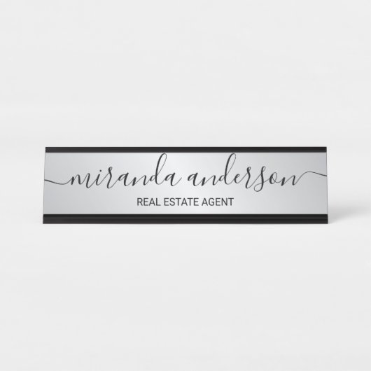 Porte-nom Pour Bureau Script moderne professionnel noir et argent (Devant)