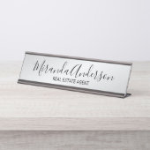 Porte-nom Pour Bureau Script moderne professionnel noir et argent (Devant)