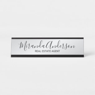 Porte-nom Pour Bureau Script moderne professionnel noir et argent