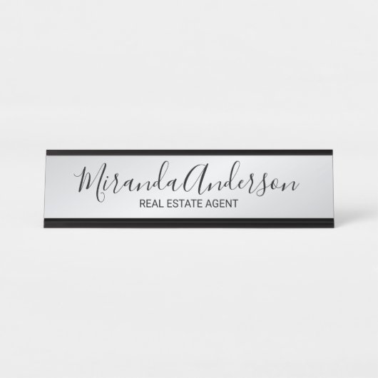 Porte-nom Pour Bureau Script moderne professionnel noir et argent (Devant)