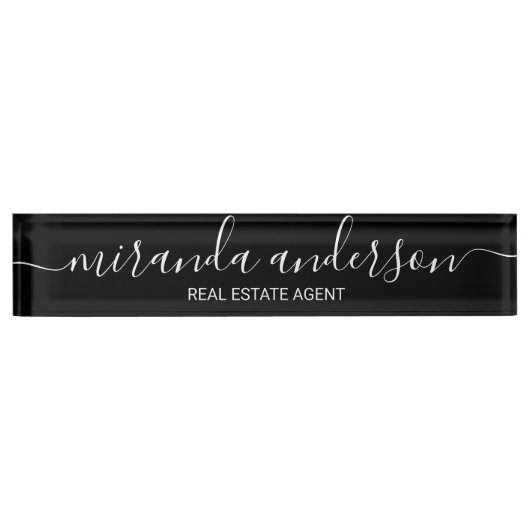 Porte-nom Pour Bureau Script moderne professionnel noir et blanc (Devant)