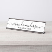 Porte-nom Pour Bureau Script moderne professionnel noir et blanc (Devant)