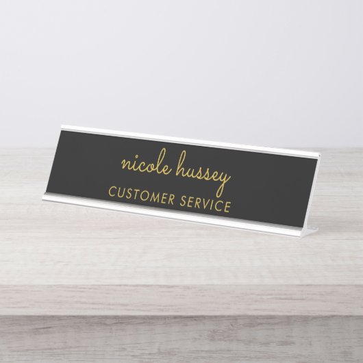 Porte-nom Pour Bureau Script Noir et Or | Monogramme Moderne Élégant (Devant)