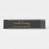 Porte-nom Pour Bureau Script Noir et Or | Monogramme Moderne Élégant (Devant)