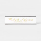 Porte-nom Pour Bureau Script professionnel élégant blanc et or (Devant)