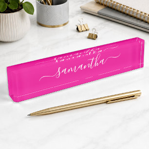 Porte-nom Pour Bureau Signature Féminin Rose Chaud et Blanc
