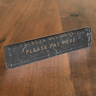 Porte-nom Pour Bureau S'il vous plaît payer ici Signer Marque Noir Or En