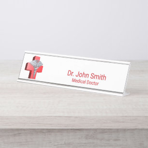 Porte-nom Pour Bureau Silver 3D Caduceus Croix Médicale Rouge