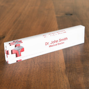 Porte-nom Pour Bureau Silver 3D Médicale Caduceus Croix Rouge