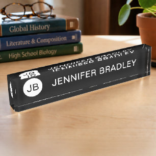 Porte-nom Pour Bureau Simple Monogramme Nom Personnalisé Blanc Noir