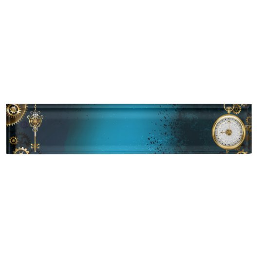 Porte-nom Pour Bureau Steampunk Arrière - plan turquoise avec Gears (Devant)