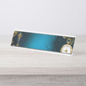Porte-nom Pour Bureau Steampunk Arrière - plan turquoise avec Gears (Devant)