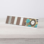 Porte-nom Pour Bureau Steampunk Clock and Turquoise Roses on Striped (Devant)