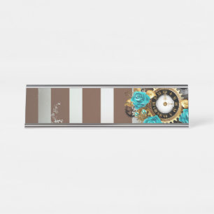 Porte-nom Pour Bureau Steampunk Clock and Turquoise Roses on Striped