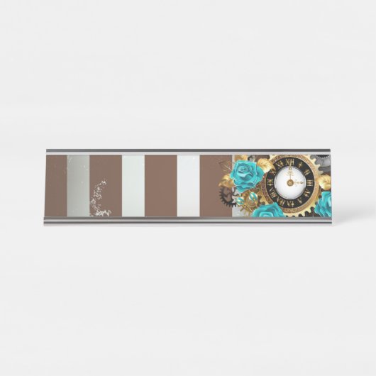 Porte-nom Pour Bureau Steampunk Clock and Turquoise Roses on Striped (Devant)