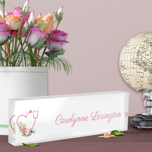 Porte-nom Pour Bureau Stethoscope rose Floral Coeur Infirmière Médicale