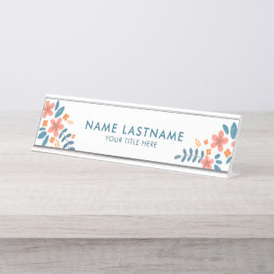 Porte-nom Pour Bureau Stylish Feminine Fresh Rose Orange Bleu Floral
