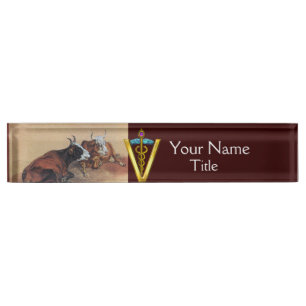 PORTE-NOM POUR BUREAU SYMBOLE MENTEUR DE VÉTÉRINAIRE DE CADUCÉE D'OR 