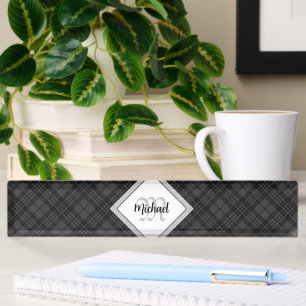 Porte-nom Pour Bureau Tartan noir et blanc tendance Monogramme personnal