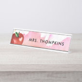 Porte-nom Pour Bureau Teacher Apple Coeur Rouge Rose Aquarelle (Devant)