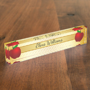 Porte-nom Pour Bureau Teacher Red Apple Gold Classic Confetti