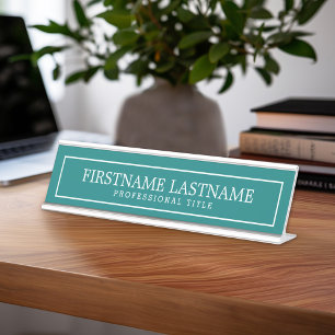 Porte-nom Pour Bureau Teal et titre traditionnel blanc de nom de