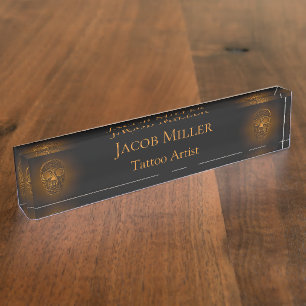 Porte-nom Pour Bureau Tête de crâne gothique Artiste de tatouage métal o