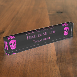 Porte-nom Pour Bureau Tête de crâne gothique Neon rose noir Tattoo Shop