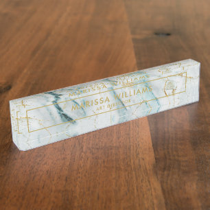 Porte-nom Pour Bureau Texture de marbre élégante bleu-clair et d'or