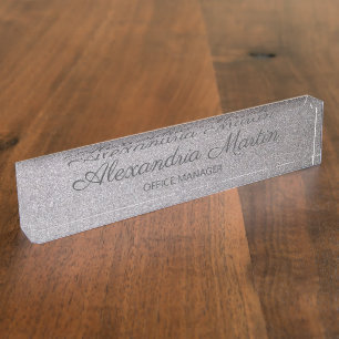 Porte-nom Pour Bureau Titre de nom en argent métallisé Script Élégant