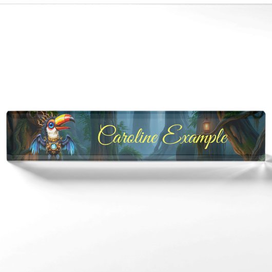 Porte-nom Pour Bureau Toucan Steampunk au Clair de Lune. (Devant)