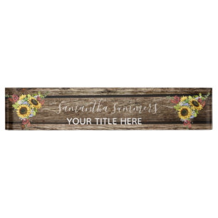 Porte-nom Pour Bureau Tournesol en bois Rustique Calligraphie Manuscrite