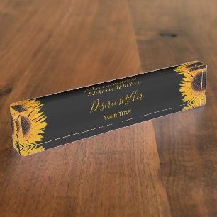 Porte-nom Pour Bureau Tournesol Jaune Noir Arrière - plan Rustique Pays